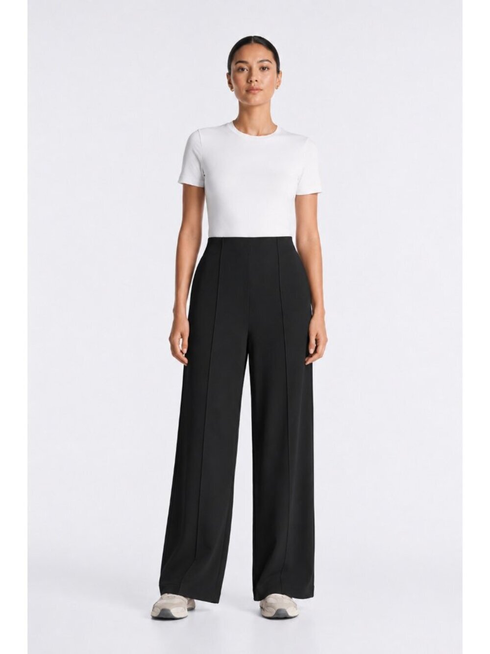 Oysho Pintuck Wide Leg Pants Black High Rise UPF 40+ Stretch Pull On Size M